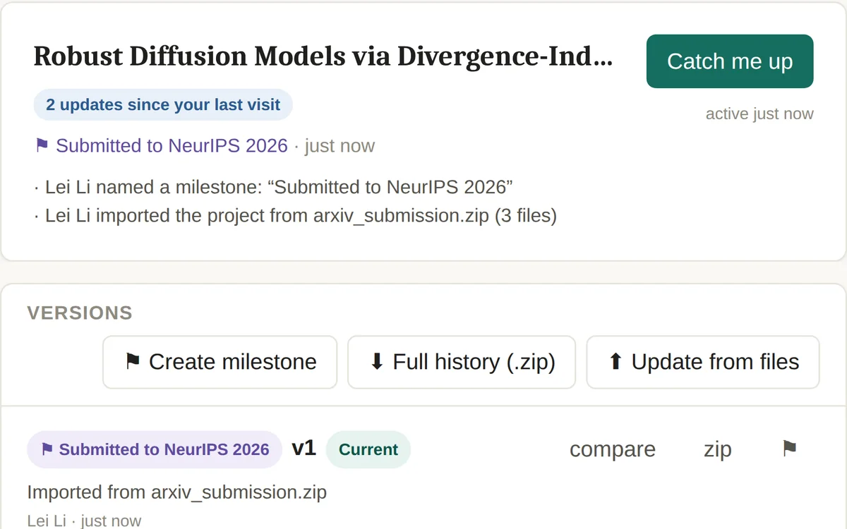 The paper's card on Home and its History, with the milestone “Submitted to NeurIPS 2026” on version 1