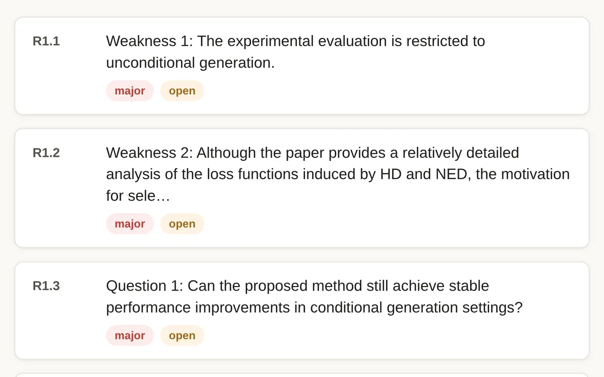 The Review page listing Reviewer 1's points as separate items, each marked major and open